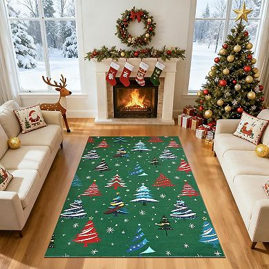 Christmas Rugs with Tree Pattern for Holiday Decor, Non Slip Low Pile Washable Rug for Dining Room