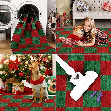 Christmas Area Rug, Christmas Plaid Rugs Office Carpet Washable Doormat Xmas Holiday Decor Non Slip