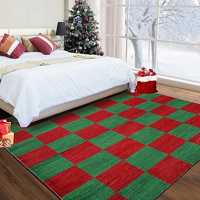 Christmas Area Rug, Christmas Plaid Rugs Office Carpet Washable Doormat Xmas Holiday Decor Non Slip