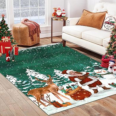 Christmas Area Rug, Machine Washable Xmas Santa Claus Rug, Non Slip Soft Bedroom Rugs Low Pile