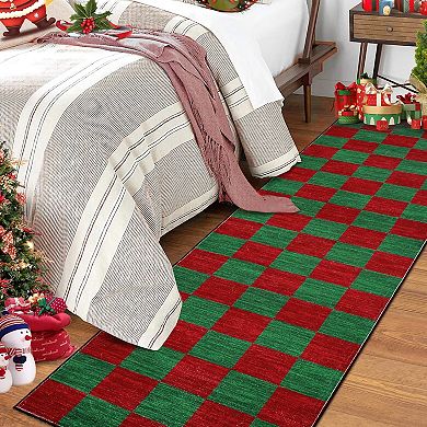 Christmas Area Rug, Christmas Plaid Rugs Office Carpet Washable Doormat Xmas Holiday Decor Non Slip