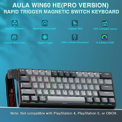 AULA WIN60 HE 60-Key Wired Hall Effect, RGB, Fast Response, Compact Design, Rapid Response
