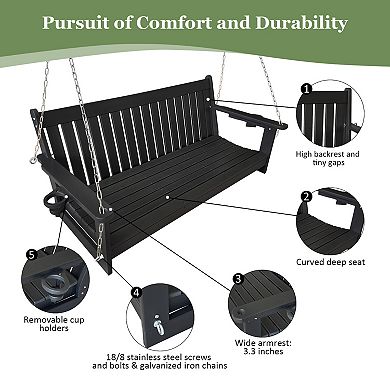 3-Seater Porch Swing, with Foldable Cup Holders, High Backrest and Deep Contoured Seat (5-feet)