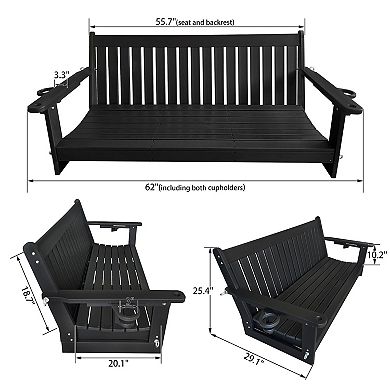 3-Seater Porch Swing, with Foldable Cup Holders, High Backrest and Deep Contoured Seat (5-feet)