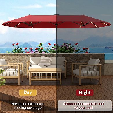 13 FT Large Patio Umbrella with LED Solar Lights and Crank Handle