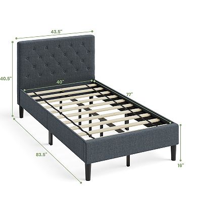 Upholstered Bed Base with Button Tufted Headboard and Wooden Slat Support