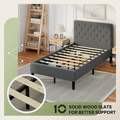 Upholstered Bed Base with Button Tufted Headboard and Wooden Slat Support