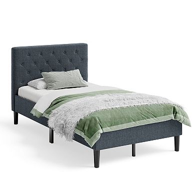 Upholstered Bed Base with Button Tufted Headboard and Wooden Slat Support