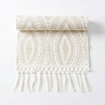 Textured Pattern Table Runner with Tassel Fringe and Woven Detailing