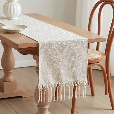 Textured Pattern Table Runner with Tassel Fringe and Woven Detailing