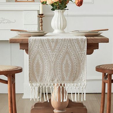 Textured Pattern Table Runner with Tassel Fringe and Woven Detailing