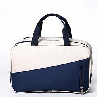 Two-Tone Canvas Travel Duffel Bag with Dual Handles and Front Zipper Pocket