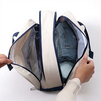 Two-Tone Canvas Travel Duffel Bag with Dual Handles and Front Zipper Pocket