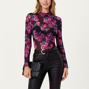Women's Sheer Long Sleeve Mesh Top with Rose Floral Print and Mock Neck