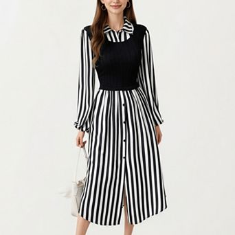 Women's Long Sleeve Striped Button-Front Midi Dress with Knit Vest Overlay and Collared Neckline