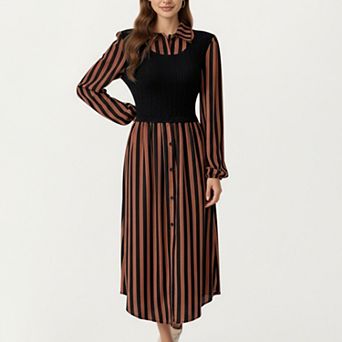Women's Long Sleeve Striped Button-Front Midi Dress with Knit Vest Overlay and Collared Neckline