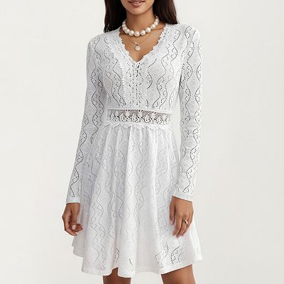 Anna-Kaci Women's Long Sleeve Lace Mini Dress with V-Neckline and Sheer Waist Detail, Large 12-14 / White
