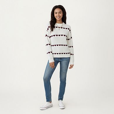 Women's Long Sleeve Knit Sweater with Heart Pattern and Ribbed Trim