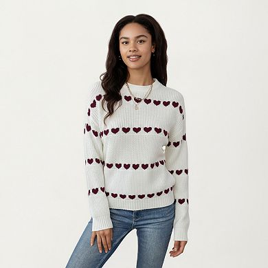 Women's Long Sleeve Knit Sweater with Heart Pattern and Ribbed Trim