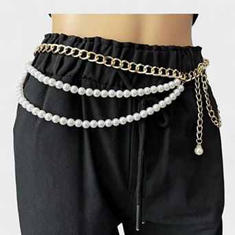 Women's Gold Chain Belt with Double Pearl Strand Layered Design