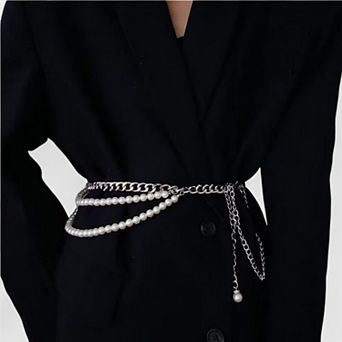 Women's Gold Chain Belt with Double Pearl Strand Layered Design