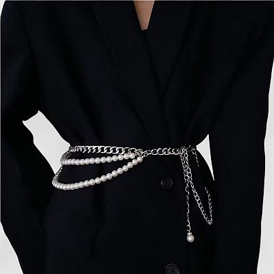 Anna-Kaci Women's Gold Chain Belt with Double Pearl Strand Layered Design 41.5x0.4in - One Size Fits Most / Silver