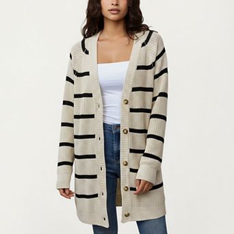 Women's Long Sleeve Striped Knit Cardigan with Button Front and Ribbed Trim