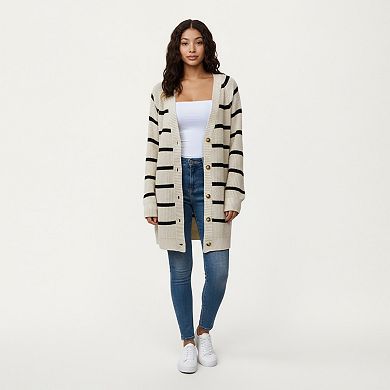 Women's Long Sleeve Striped Knit Cardigan with Button Front and Ribbed Trim
