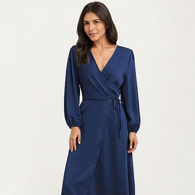 Women's Long Sleeve Wrap Midi Dress with V-Neckline and Side Tie Waist