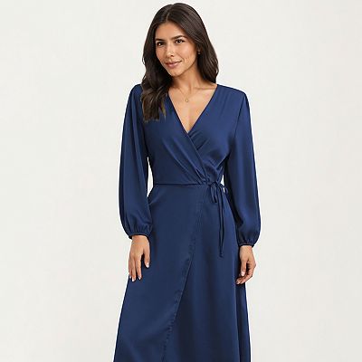 Anna-Kaci Women's Long Sleeve Wrap Midi Dress with V-Neckline and Side Tie Waist - Medium 8-10 / Red