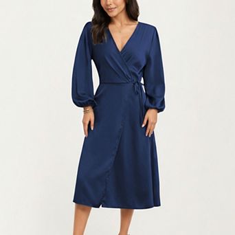 Women's Long Sleeve Wrap Midi Dress with V-Neckline and Side Tie Waist