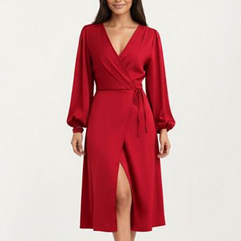 Women's Long Sleeve Wrap Midi Dress with V-Neckline and Side Tie Waist