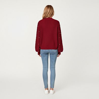 Women's Long Sleeve Button-Up Knit Cardigan with Faux Pearl Embellishments and Ribbed Hem