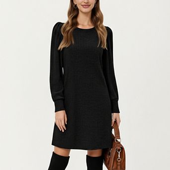 Women's Ribbed Knit Long Sleeve Dress with Puff Shoulder Detail and Relaxed A-Line Silhouette
