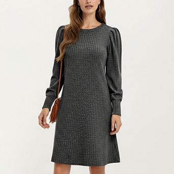 Women's Ribbed Knit Long Sleeve Dress with Puff Shoulder Detail and Relaxed A-Line Silhouette