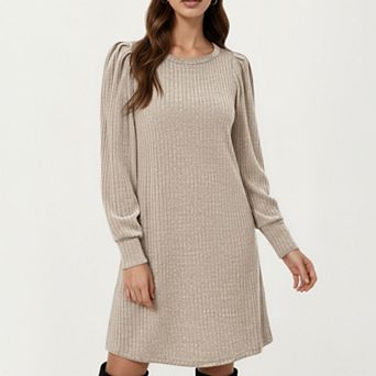 Women's Ribbed Knit Long Sleeve Dress with Puff Shoulder Detail and Relaxed A-Line Silhouette