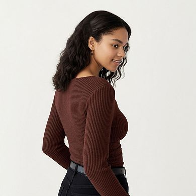 Women's Long Sleeve Ribbed Knit Top with Draped Cowl Neckline