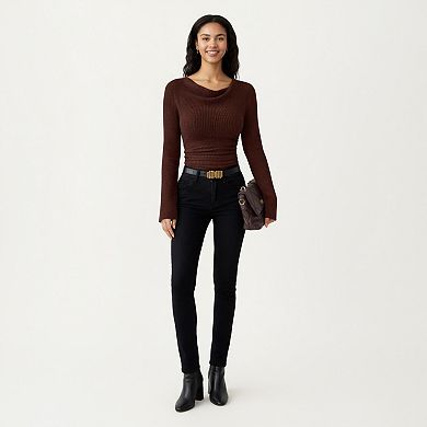 Women's Long Sleeve Ribbed Knit Top with Draped Cowl Neckline
