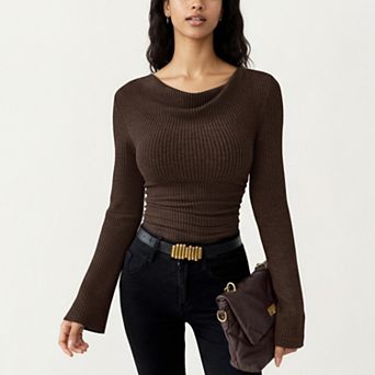 Women's Long Sleeve Ribbed Knit Top with Draped Cowl Neckline