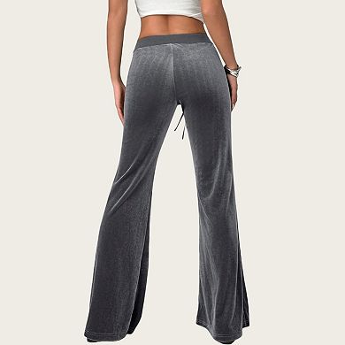 Women's Drawstring Waist Flare Leg Pants with Front Pockets and Soft Velvety Finish