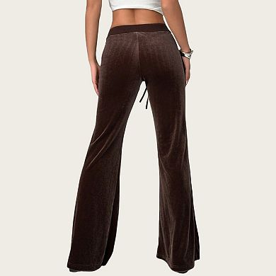 Women's Drawstring Waist Flare Leg Pants with Front Pockets and Soft Velvety Finish