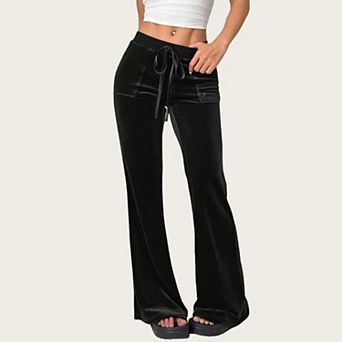 Women's Drawstring Waist Flare Leg Pants with Front Pockets and Soft Velvety Finish