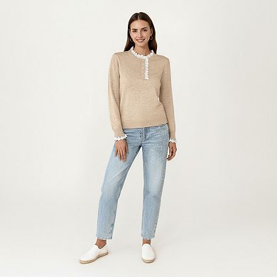 Women's Long Sleeve Knit Top with Lace Trim Collar and Button Front Detail