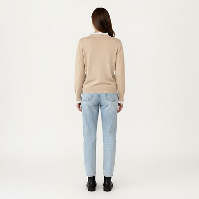 Women's Long Sleeve Knit Top with Lace Trim Collar and Button Front Detail