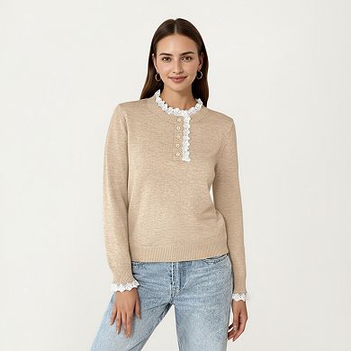 Women's Long Sleeve Knit Top with Lace Trim Collar and Button Front Detail