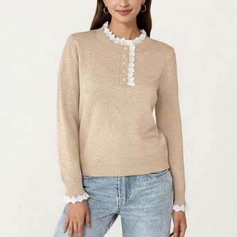 Women's Long Sleeve Knit Top with Lace Trim Collar and Button Front Detail