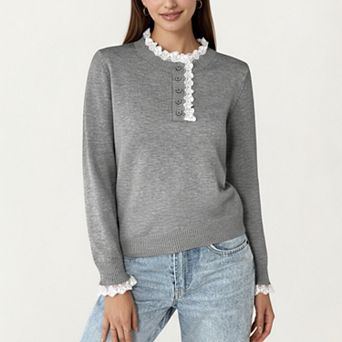Women's Long Sleeve Knit Top with Lace Trim Collar and Button Front Detail