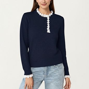 Women's Long Sleeve Knit Top with Lace Trim Collar and Button Front Detail