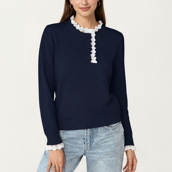 Women's Long Sleeve Knit Top with Lace Trim Collar and Button