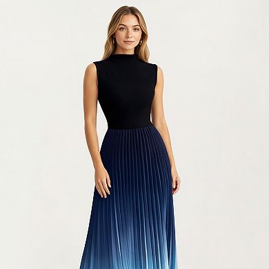 Women's Sleeveless Mock Neck Pleated Maxi Dress with Gradient Ombre Skirt